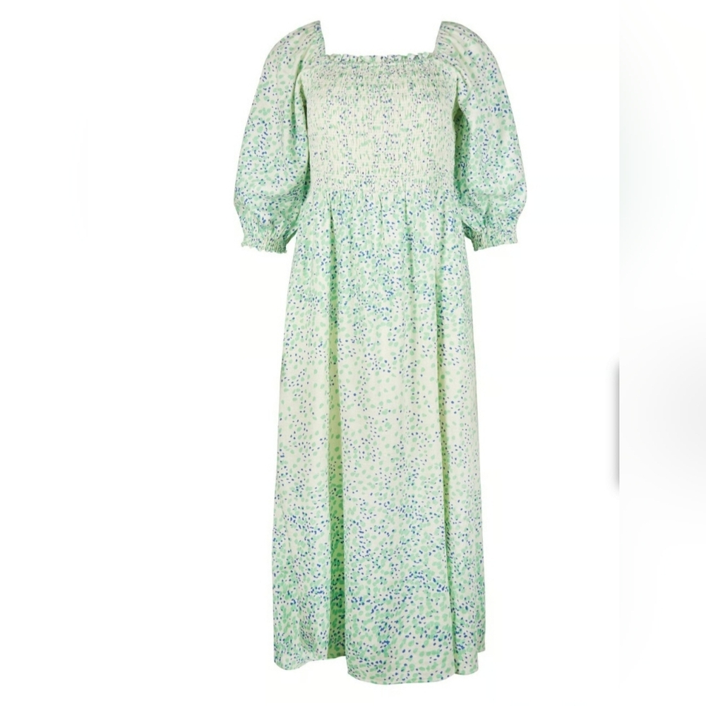 Oliver‎ Bonas Speckle Print White Shirred Midi Dress Multicolor Womens Size 10